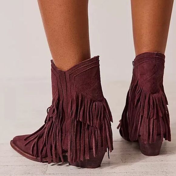 FREE PEOPLE LAWLESS FRINGE WESTERN SUEDE ANKLE BOOT NEW - Picture 3 of 6